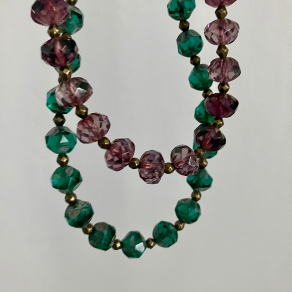 Purple and Green Faceted Czech Glass Beaded Layered Necklace Brass Accents - Picture 6 of 12